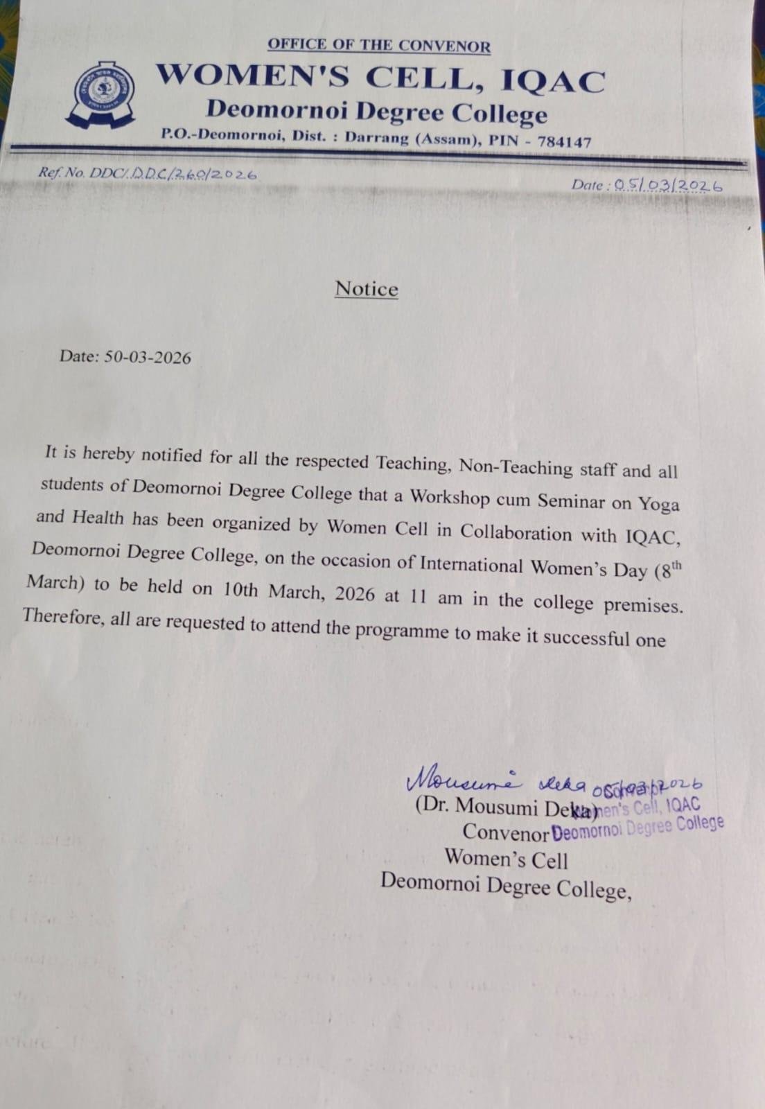 Notice For Women's Day Celebration Notice For Women's Day Celebration